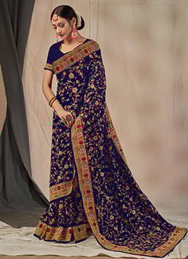 Navy Blue Georgette Embroidered Saree