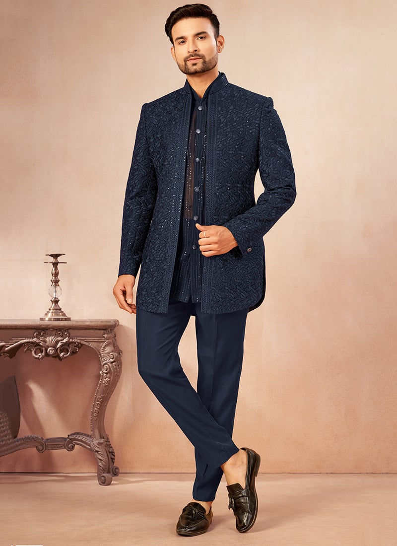 Navy Blue Georgette Embroidered Sequin Open Jodhpuri Indo Western Sherwani Wedding Wear