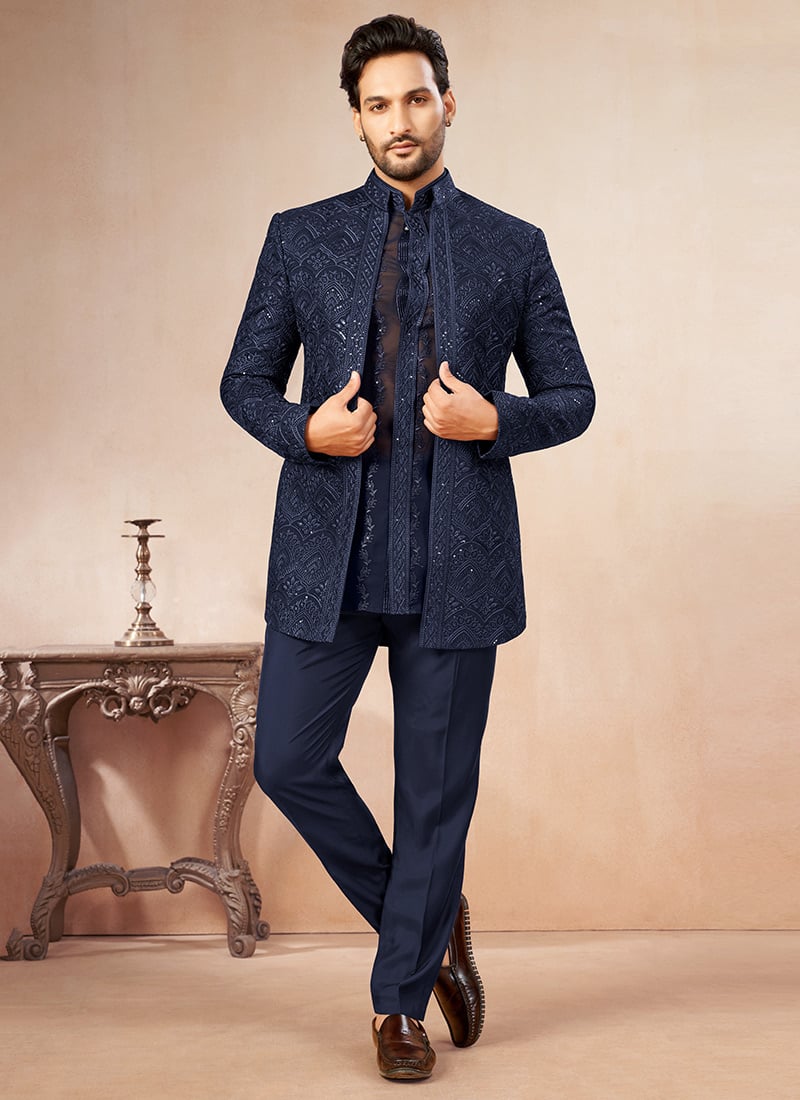 Navy Blue Georgette Embroidered Sequin Open Jodhpuri Indo Western Sherwani Wedding Wear