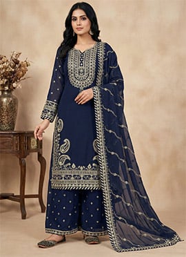 Navy Blue Georgette Embroidered Sequin Palazzo Suit