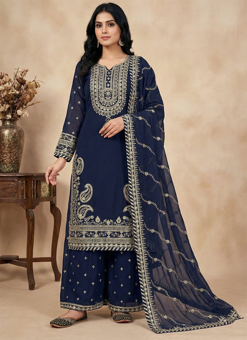 Navy Blue Georgette Embroidered Sequin Palazzo Suit Festive Wear