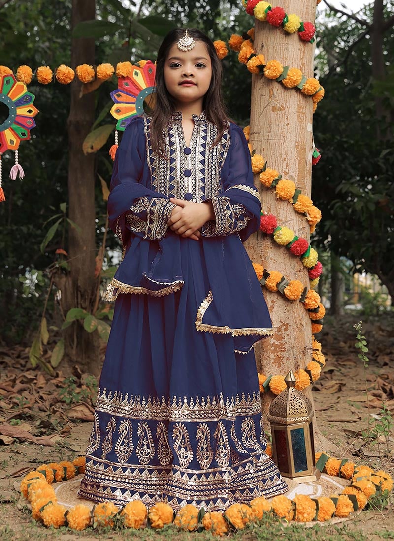 Navy Blue Georgette Embroidered Sequins Kids Girls Anarkali Suit Festive Wear