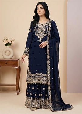 Navy Blue Georgette Embroidered Sequins Sharara Suit