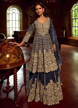 Navy Blue Georgette Embroidered Sequins Stones Beads Mirror Work A Line Lehenga