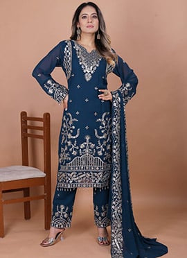Navy Blue Georgette Embroidered Sequins Straight Pant Suit