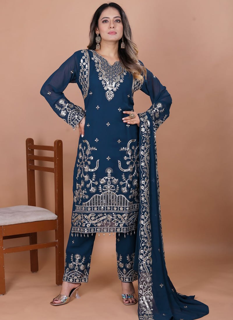 Navy Blue Georgette Embroidered Sequins Straight Pant Suit Festive Wear