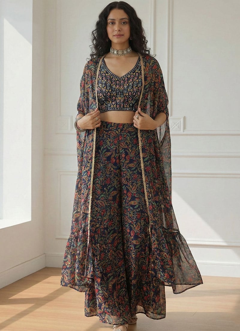 Navy Blue Georgette Embroidered Sequins With Beads Indowestern Jacket Palazzo Set After Six Wear