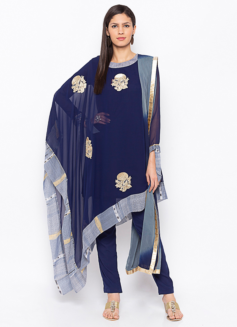 Navy Blue Georgette Embroidered Straight Pant Suit Party Wear