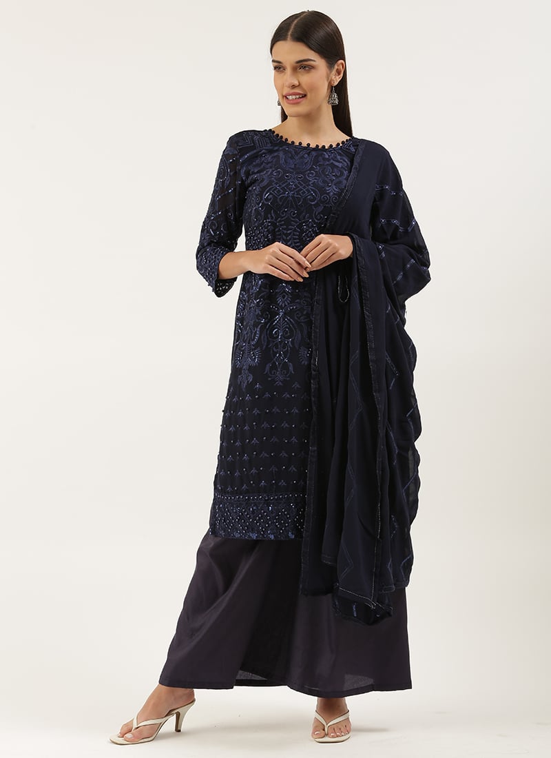 Navy Blue Georgette Embroidery Palazzo Suit Party Wear