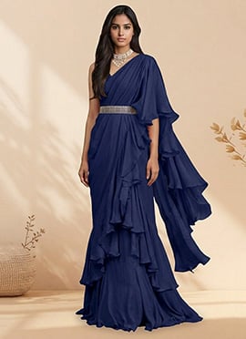 Navy Blue Georgette Hand Embroidered Pre Draped Saree