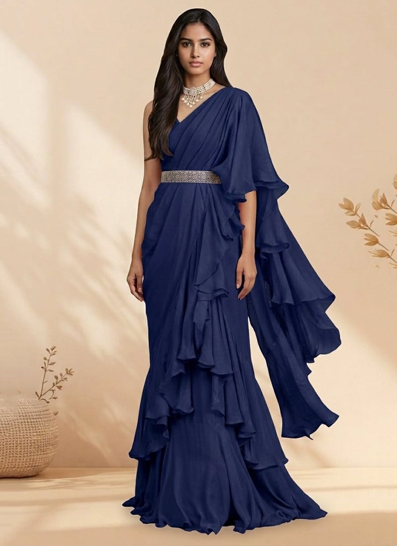Navy Blue Georgette Hand Embroidered Pre Draped Saree Wedding Wear