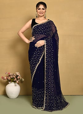 Navy Blue Georgette Hand Embroidered Saree