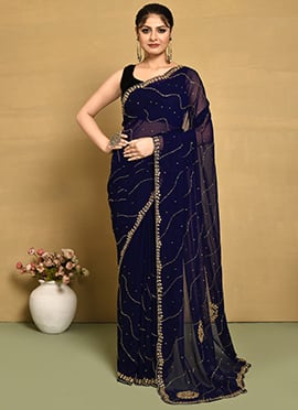 Navy Blue Georgette Hand Embroidered Saree