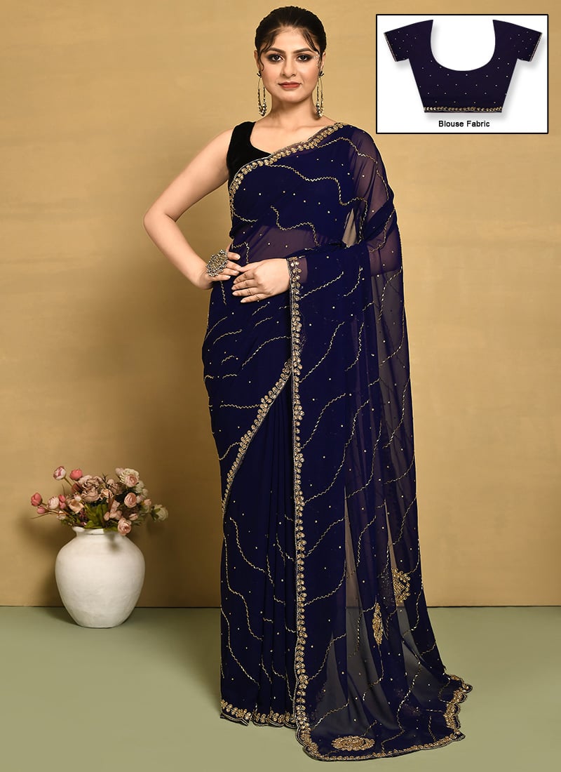 Navy Blue Georgette Hand Embroidered Saree Wedding Wear