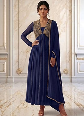 Navy Blue Georgette Hand Embroidered Sequins Anarkali Suit