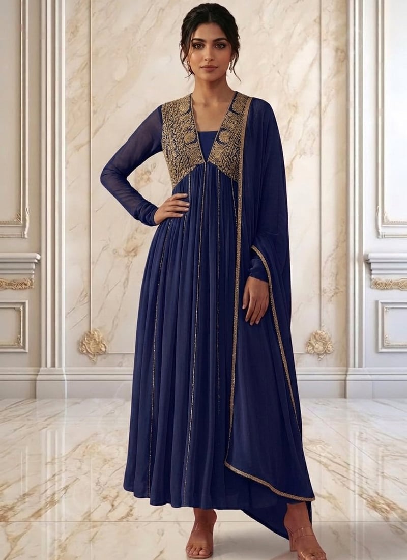 Navy Blue Georgette Hand Embroidered Sequins Anarkali Suit Wedding Wear