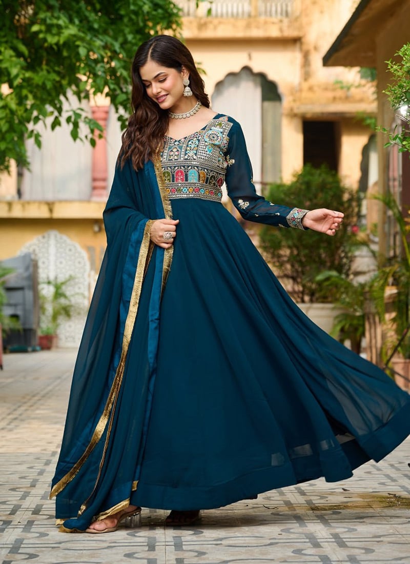 Navy Blue Georgette Sequins Embroidered Anarkali Suit Festive Wear