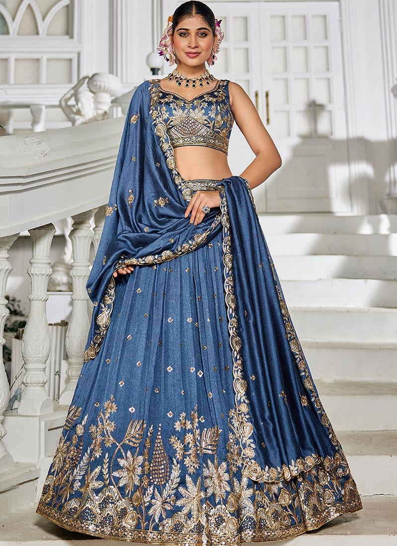 Navy Blue Georgette Sequins Embroidered Cut Work Zari Lehenga Set