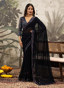 Navy Blue Georgette Silk Printed And Tikki Work Saree