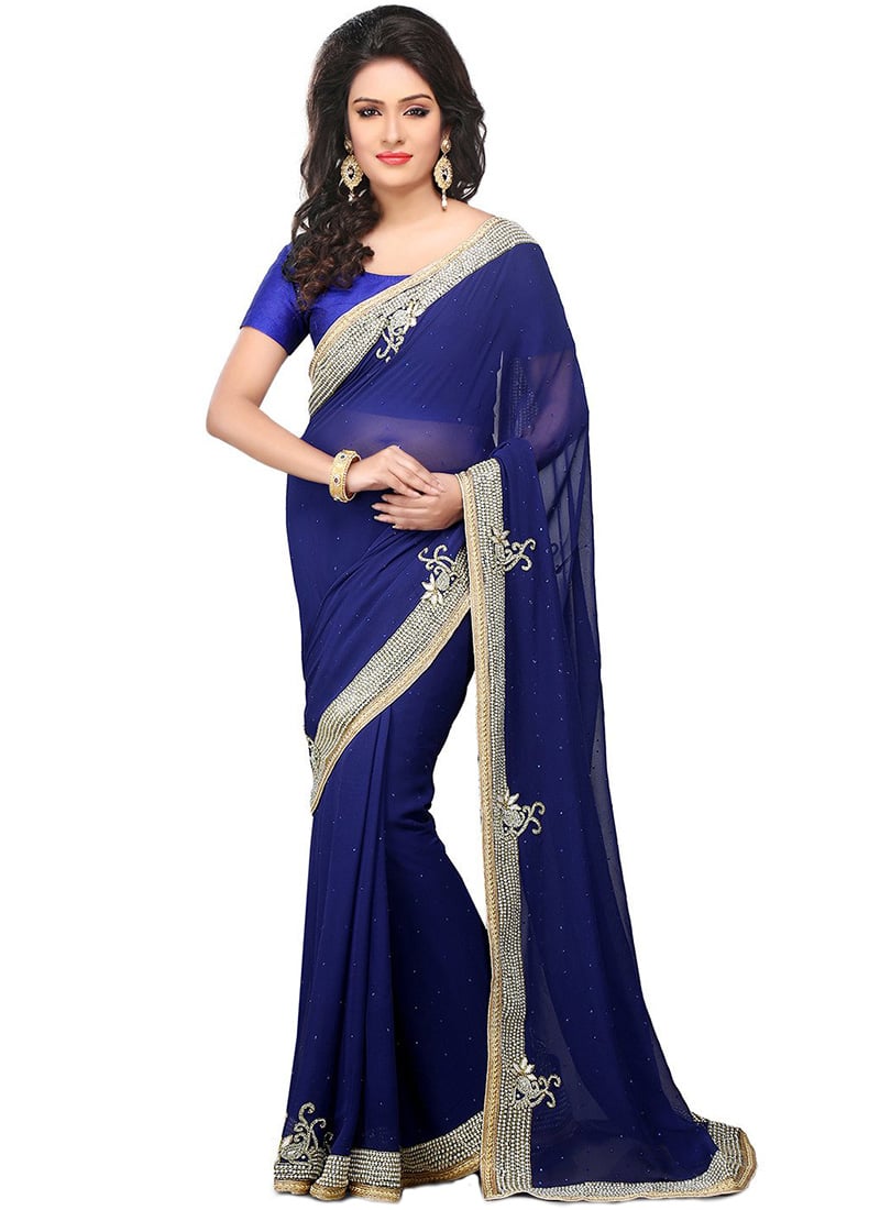 Navy Blue Georgette Stones Saree