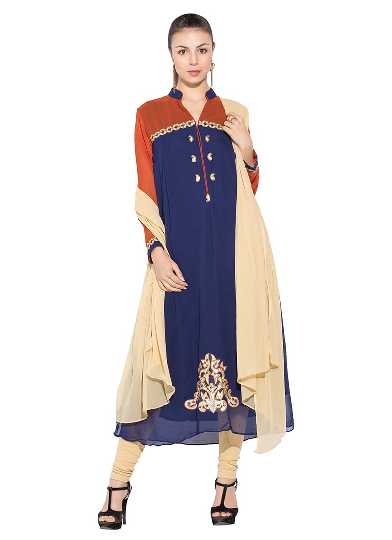 Navy Blue Georgette Straight Suit