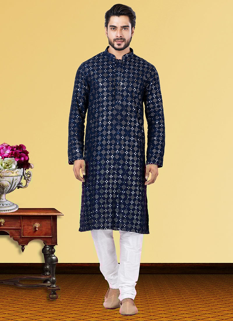 Navy Blue Georgette Tikki Work Kurta Pyjama