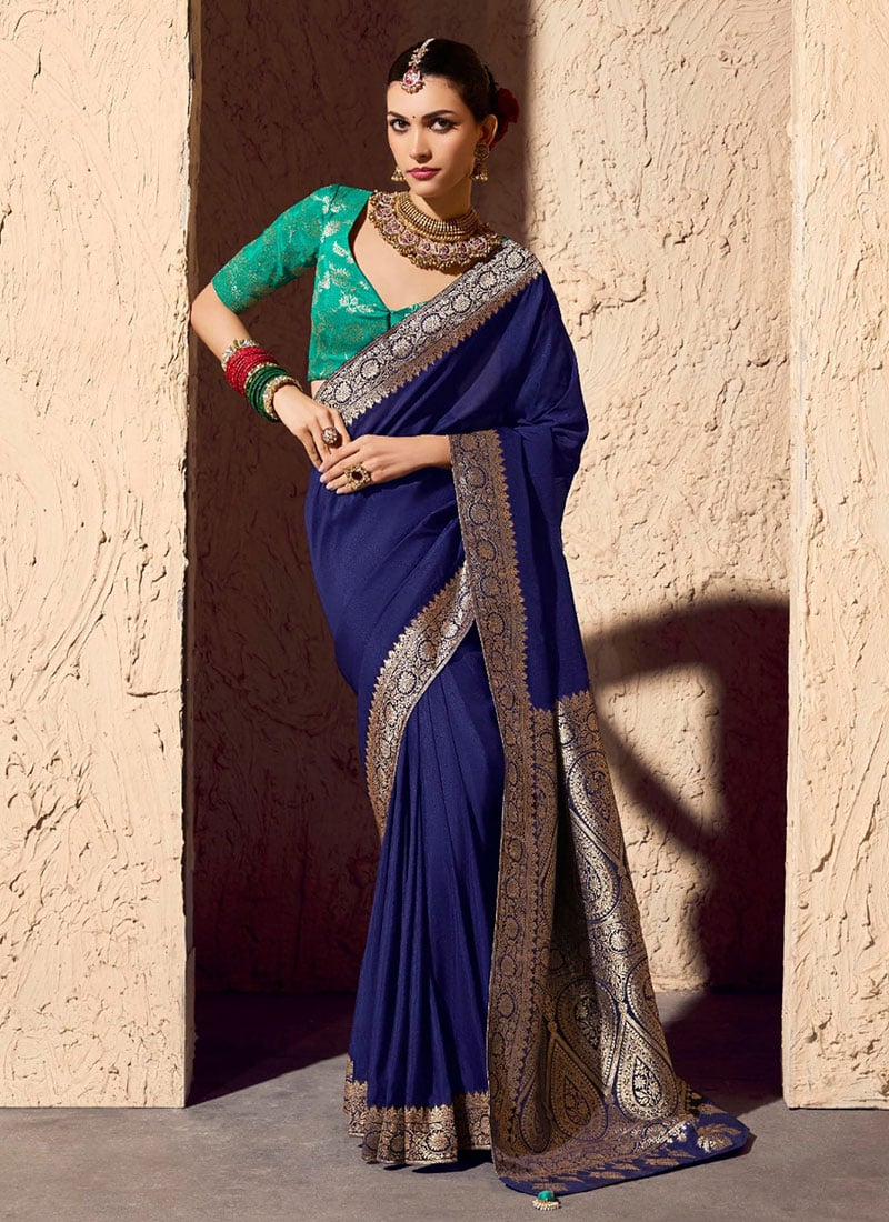 Navy Blue Georgette Zari Embroidered Saree Festive Wear