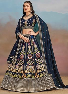 Navy Blue Georgette Zari Embroidered Sequins Lehenga