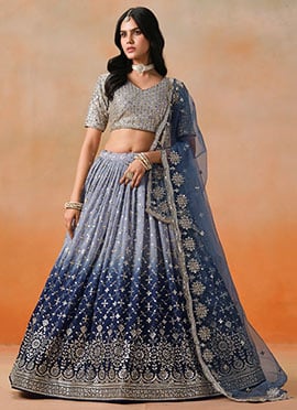 Navy Blue Georgette Zari Embroidered Sequins Umbrella Lehenga Wedding Wear
