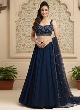 Navy Blue Georgette Zari Hand Embroidered Sequins Lehenga