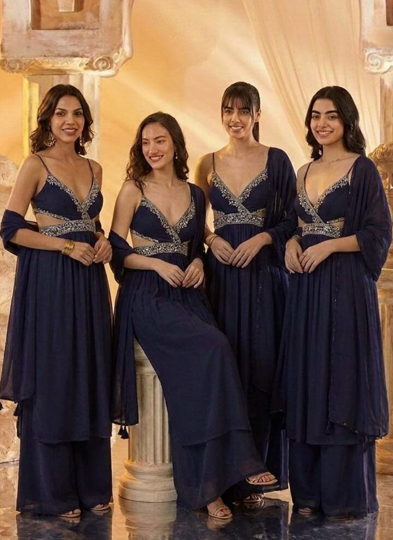 Navy Blue Georgette Zari Hand Embroidered Stone With Beads Work Palazzo Suit After Six Wear