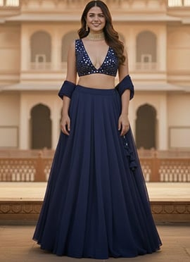 Navy Blue Georgette Zari Mirror Work Lehenga