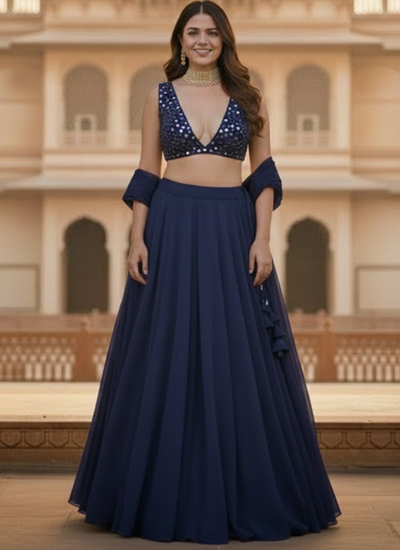Navy Blue Georgette Zari Mirror Work Lehenga  Wedding Wear