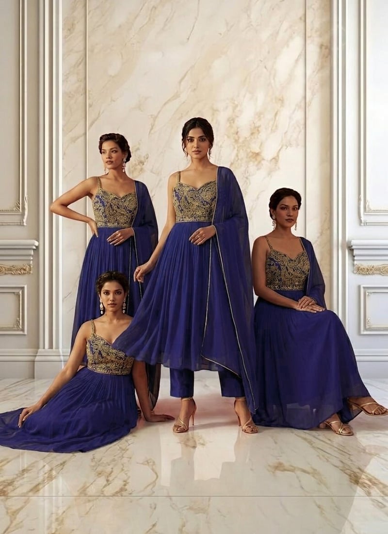 Navy Blue Georgette Zari Sequins Anarkali Suit Wedding Wear
