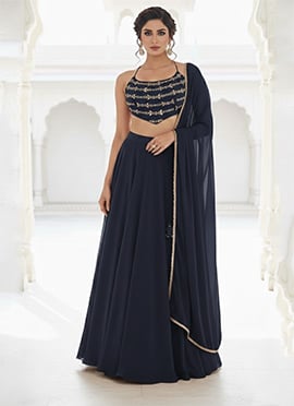 Navy Blue Georgette Zari Sequins Hand Embroidered A Line Lehenga