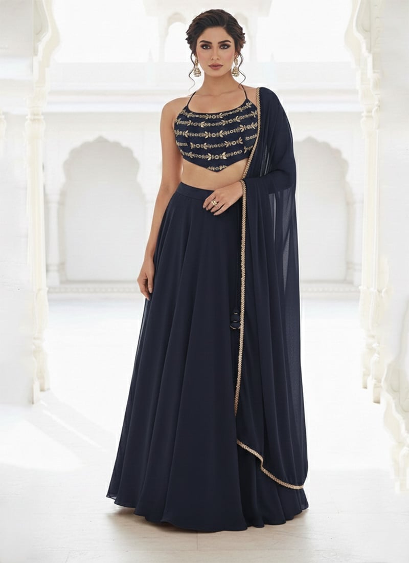 Navy Blue Georgette Zari Sequins Hand Embroidered A Line Lehenga Wedding Wear