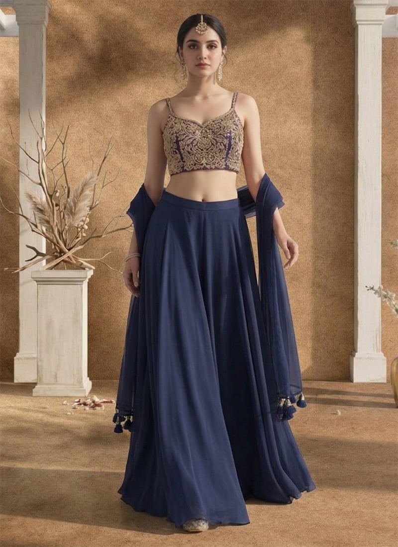 Navy Blue Georgette Zari Sequins Lehenga Wedding Wear