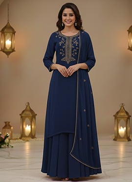 Navy Blue Georgette Zari Sequins Palazzo Suit
