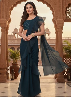 Navy Blue Georgette Zari Sequins Ruffled Saree