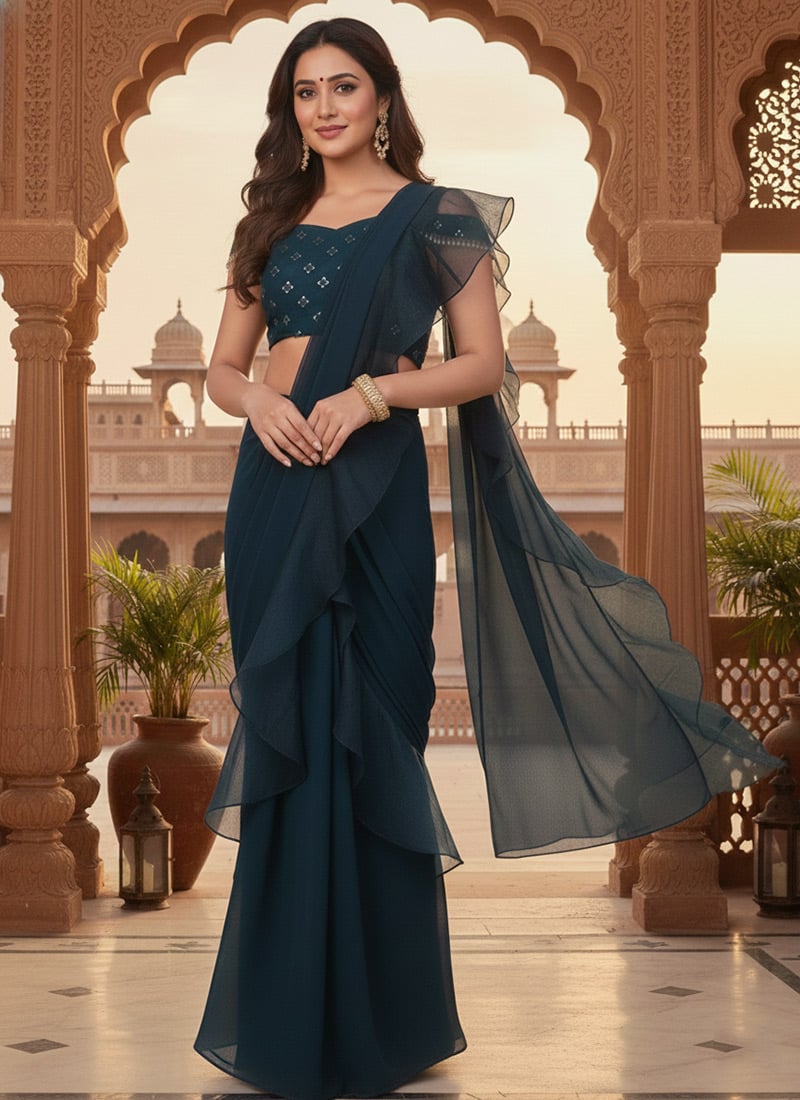 Navy Blue Georgette Zari Sequins Ruffled Saree