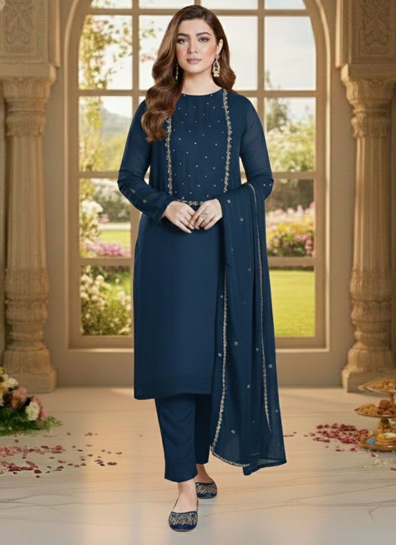 Navy Blue Georgette Zari Sequins Straight Pant Suit Festive Wear