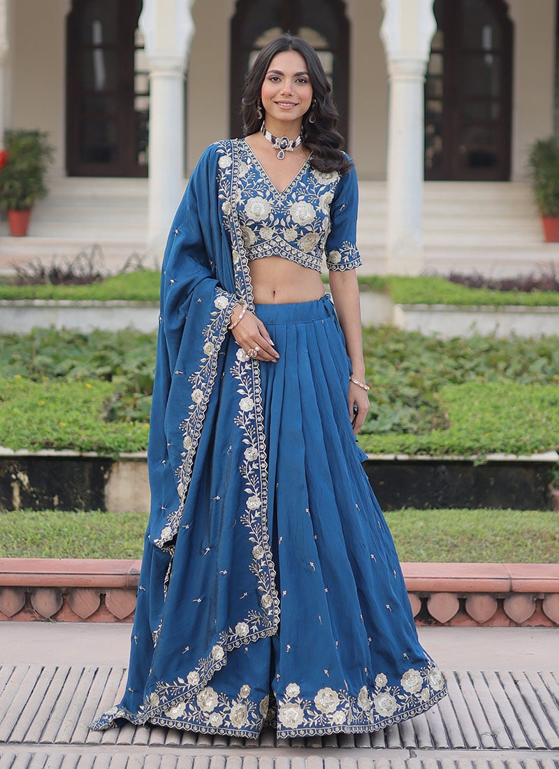Navy Blue Gold Crush Silk Embroidered Sequins Thread Umbrella Lehenga