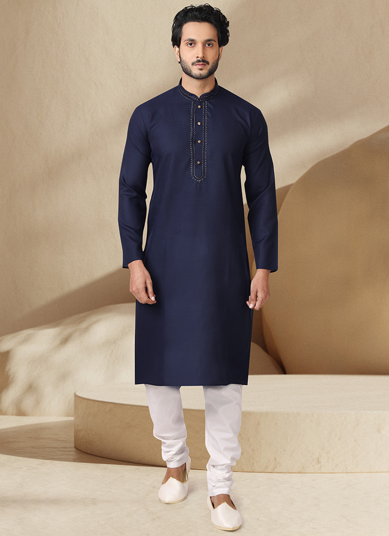 Navy Blue Handloom Cotton Kurta Pyjama