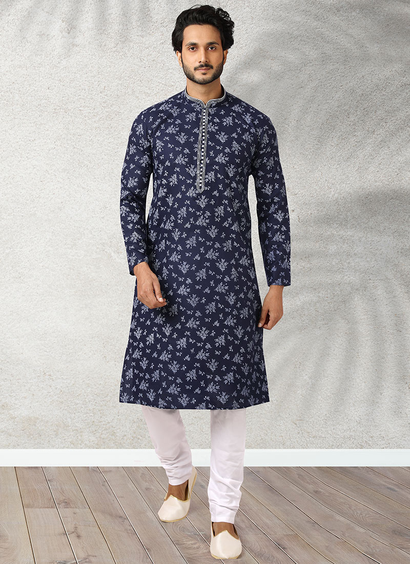 Navy Blue Handloom Cotton Printed Kurta Pyjama Party Wear