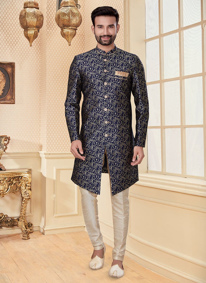 Navy Blue Heavy Jacquard Embroidery Classic Sherwani Wedding Wear
