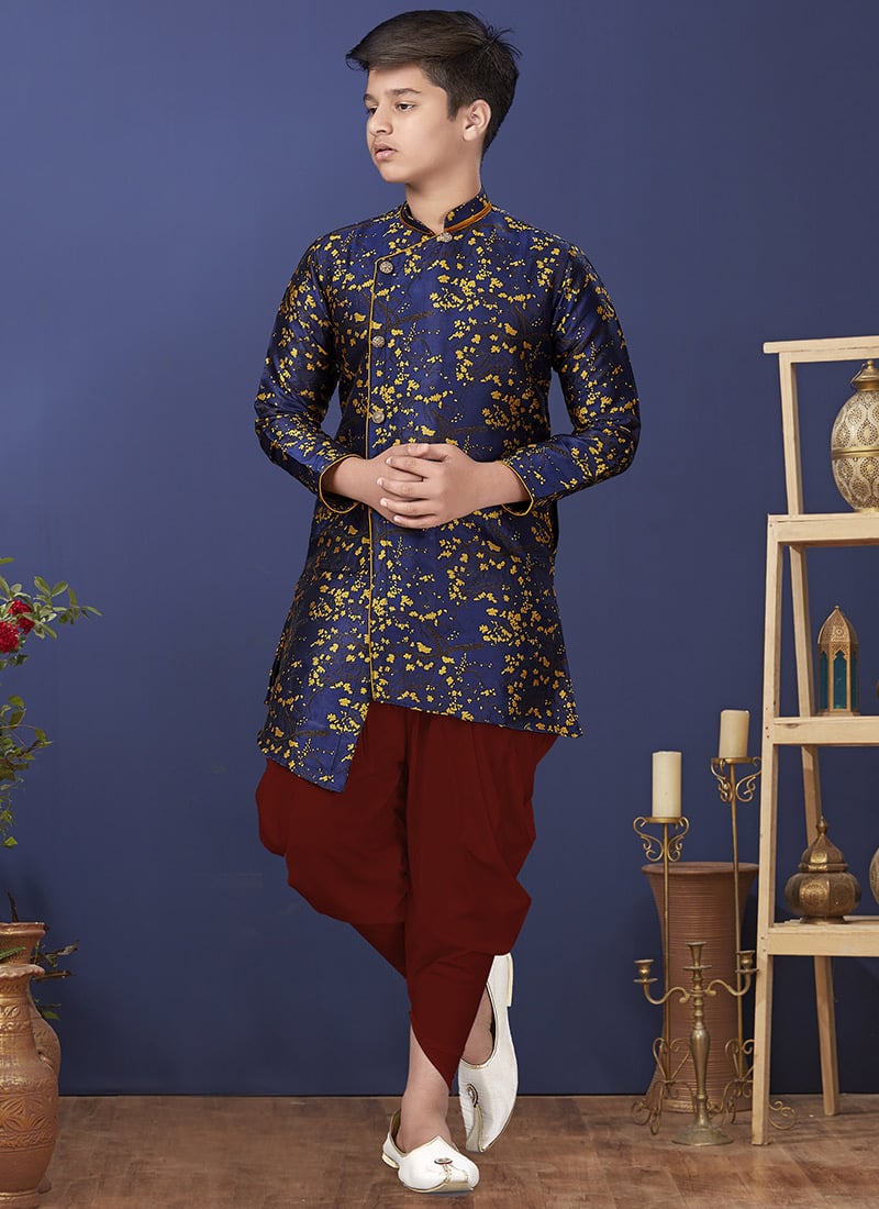 Navy Blue Heavy Silk Indowestern Sherwani Wedding Wear