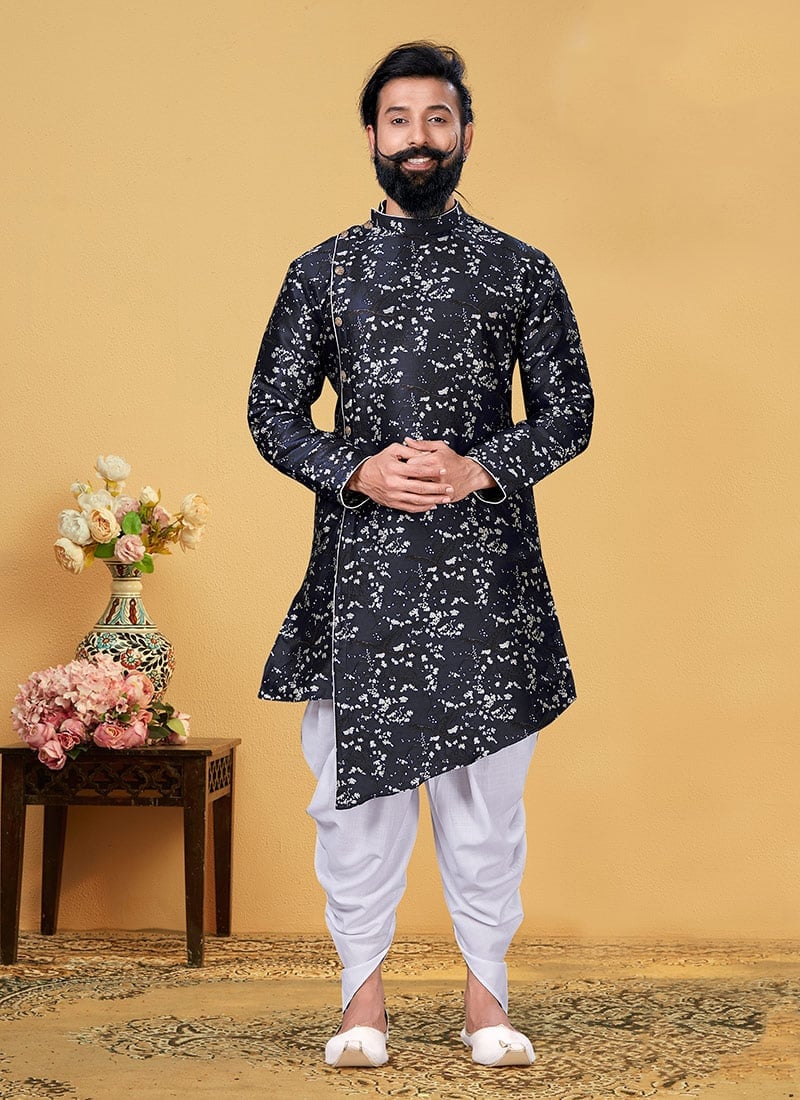 Navy Blue Heavy Silk Jacquard Indowestern Sherwani Wedding Wear