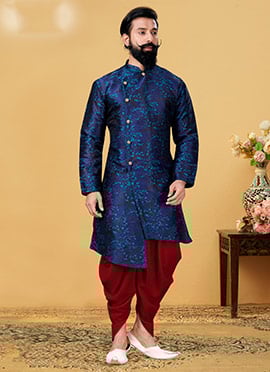 Navy Blue Heavy Silk Jacquard Indowestern Sherwani