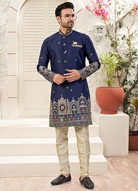 Navy Blue Imported Silk Threadcrafted Sequins Indowestern Sherwani