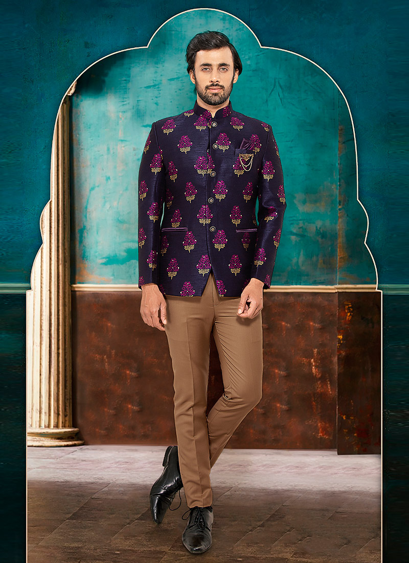 Blue Art Silk Jacquard Jackets JMKMDC3672